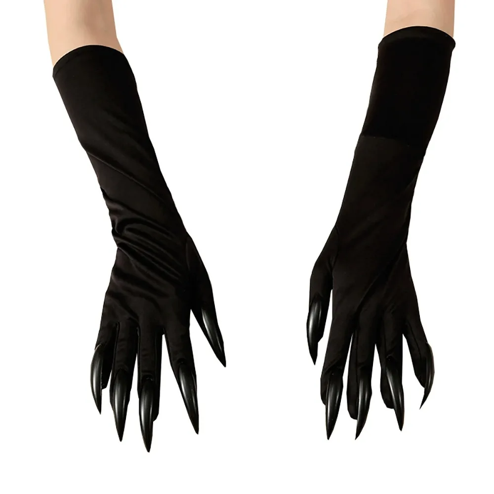 

Black Halloween Makeup Black Nail Gloves Full Finger Elastic Ghost Cat Demon Paw Gloves Funny Women Long Mittens