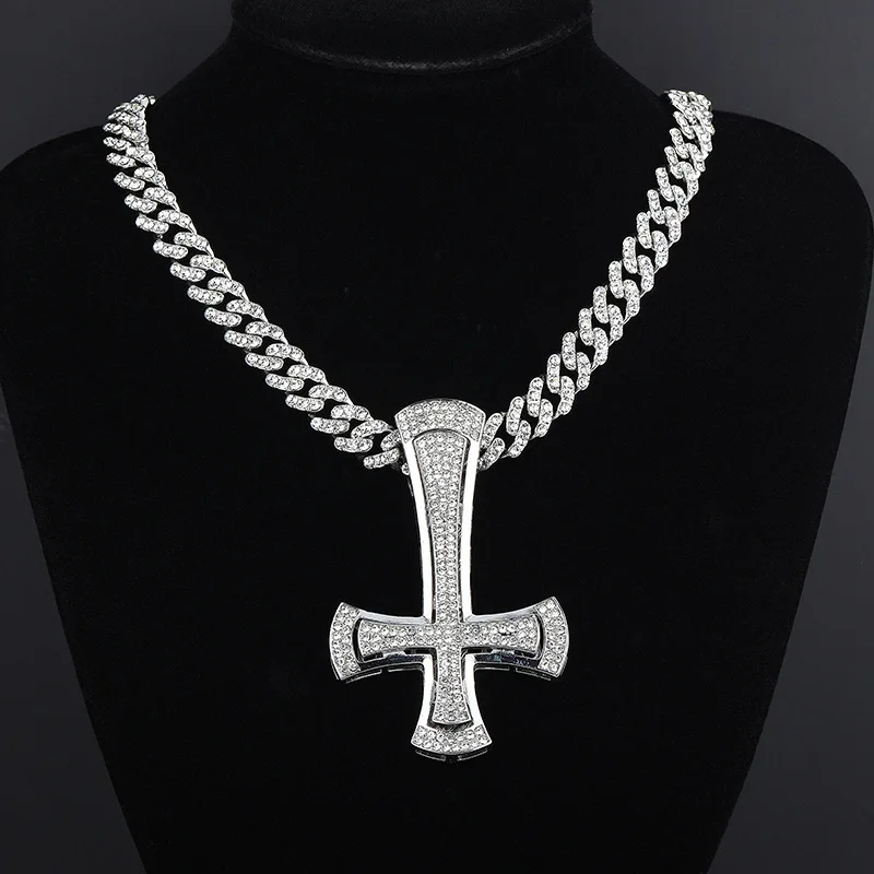 ULJ Hip Hop AAA Reinstones Inverted Cross Pendant Rock Nightclub Men\'s Fashion Iced Out Necklace Jewelry