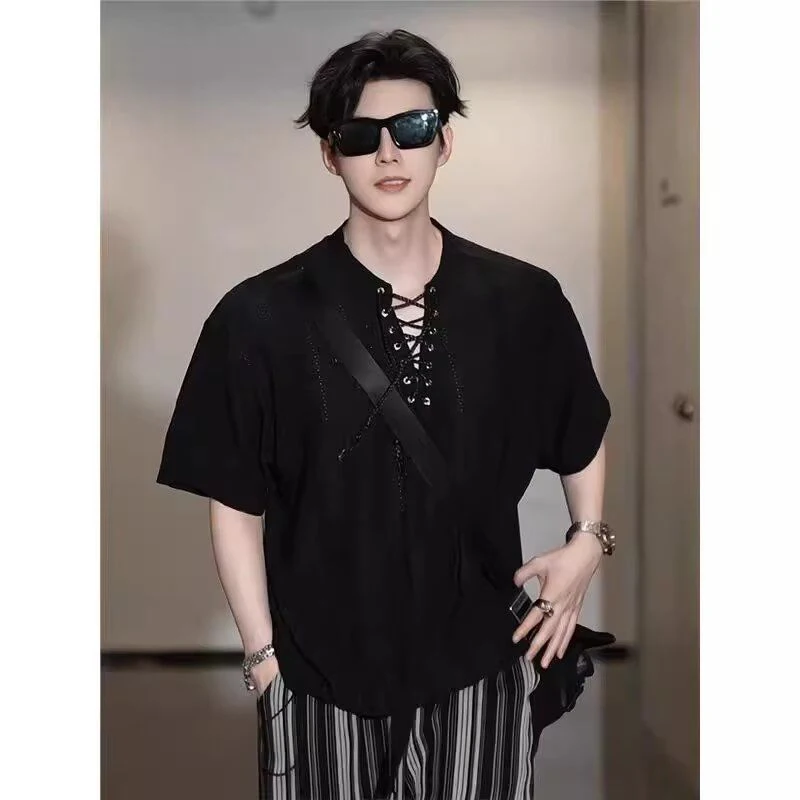 Men's Hollow Out Lace-Up Short Sleeve Shirt 2025 New Streetwear Harajuku Fashion Casual Loose Black Top Ins Style Y2K Trendy Tee 6