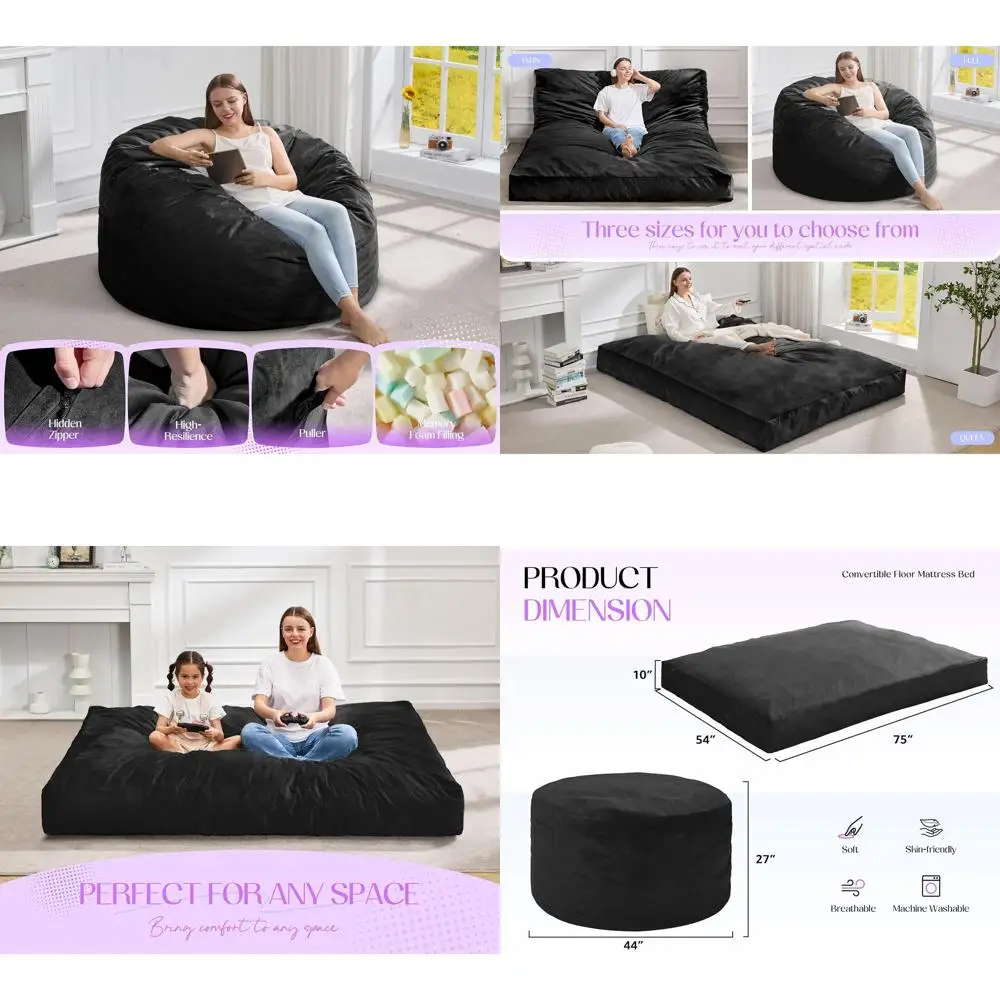 سرير كرسي بين باج بحجم للبالغين، مملوء بالرغوة عالي الكثافة، أريكة قابلة للتحويل لمساحات المعيشة وغرف النوم (أسود، مقاس كامل #1