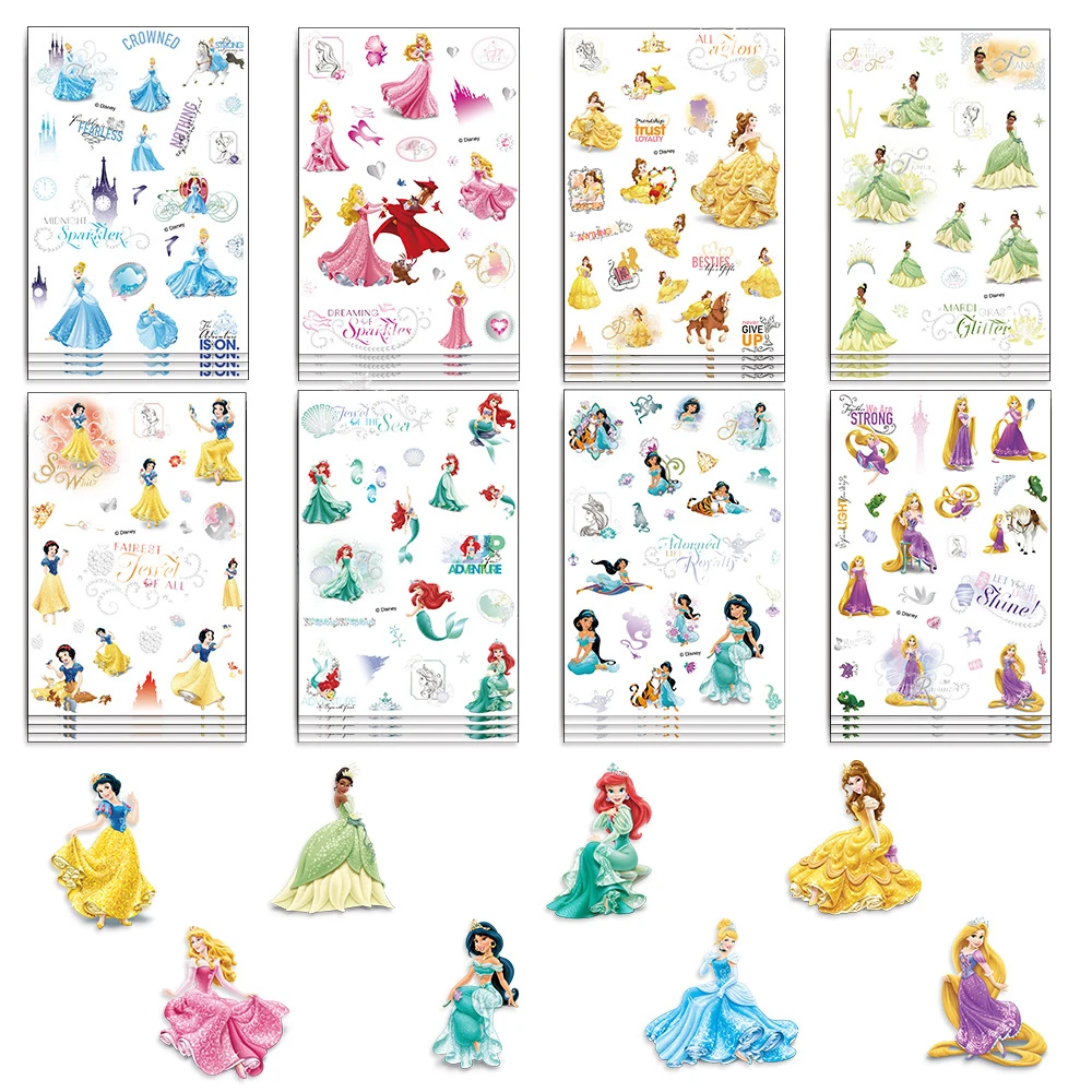 8/16 hojas de pegatinas de princesas de Disney, bonitas pegatinas de Ariel Tiana Belle, calcomanías de dibujos animados Kawaii, juguete para niños, álbum de recortes DIY, funda de teléfono para ordenador portátil