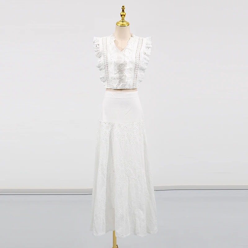 KBQ Elegant Solid Two Piece Set for Women V Neck Sleeveless Short Top High Waist Loose Long Skirts Hollow Out Set Female Fashion