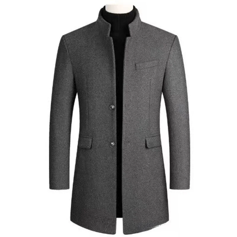 

Мужское шерстяное пальто средней длины для осени и зимы, молодежное, приталенное, модное, ветрозащитное, с воротником-стойкой, длинный рукав