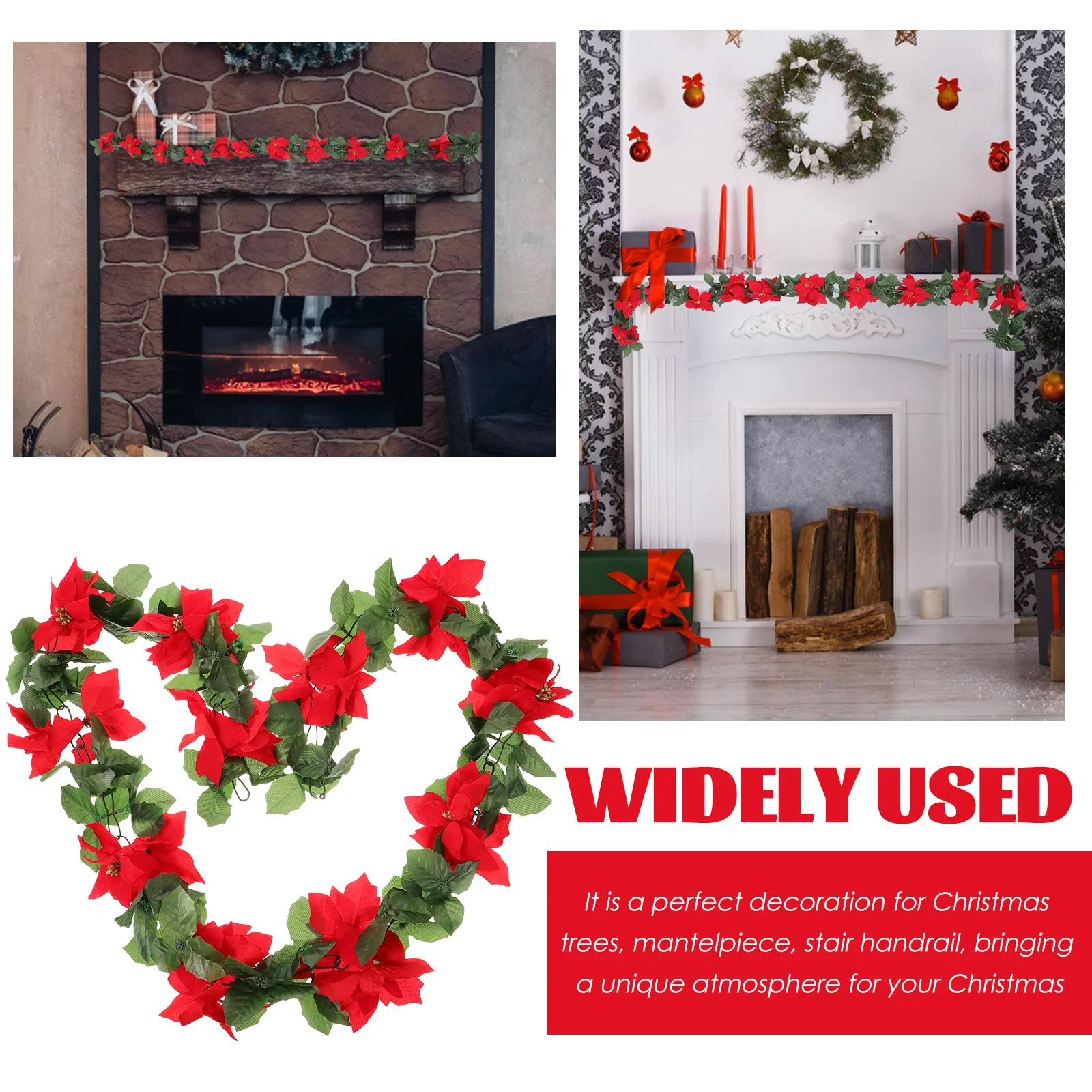 

1Pcs Christmas Rattan Garland Red Flower Artificial Vine Simulation Festive Decor for Tree Mantel Stair Handrail Xmas Wreath