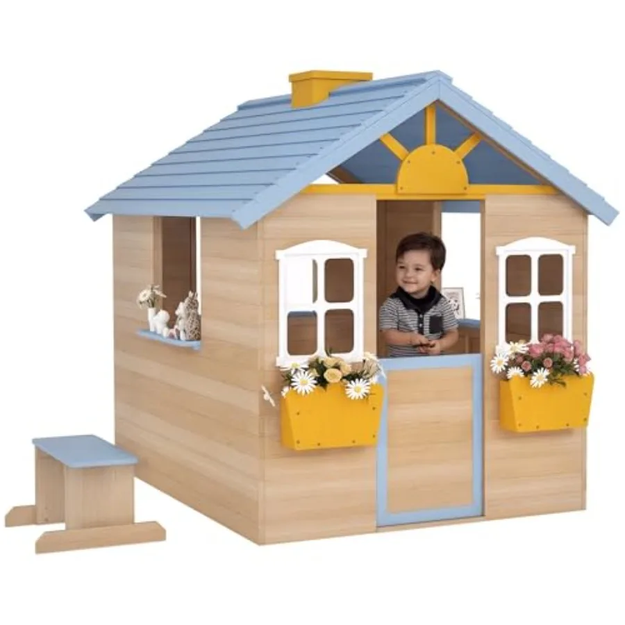 

Outdoor wooden playhouse for kids aged 3-7, natural wood finish, with working door, windows, bench, service station, and flower