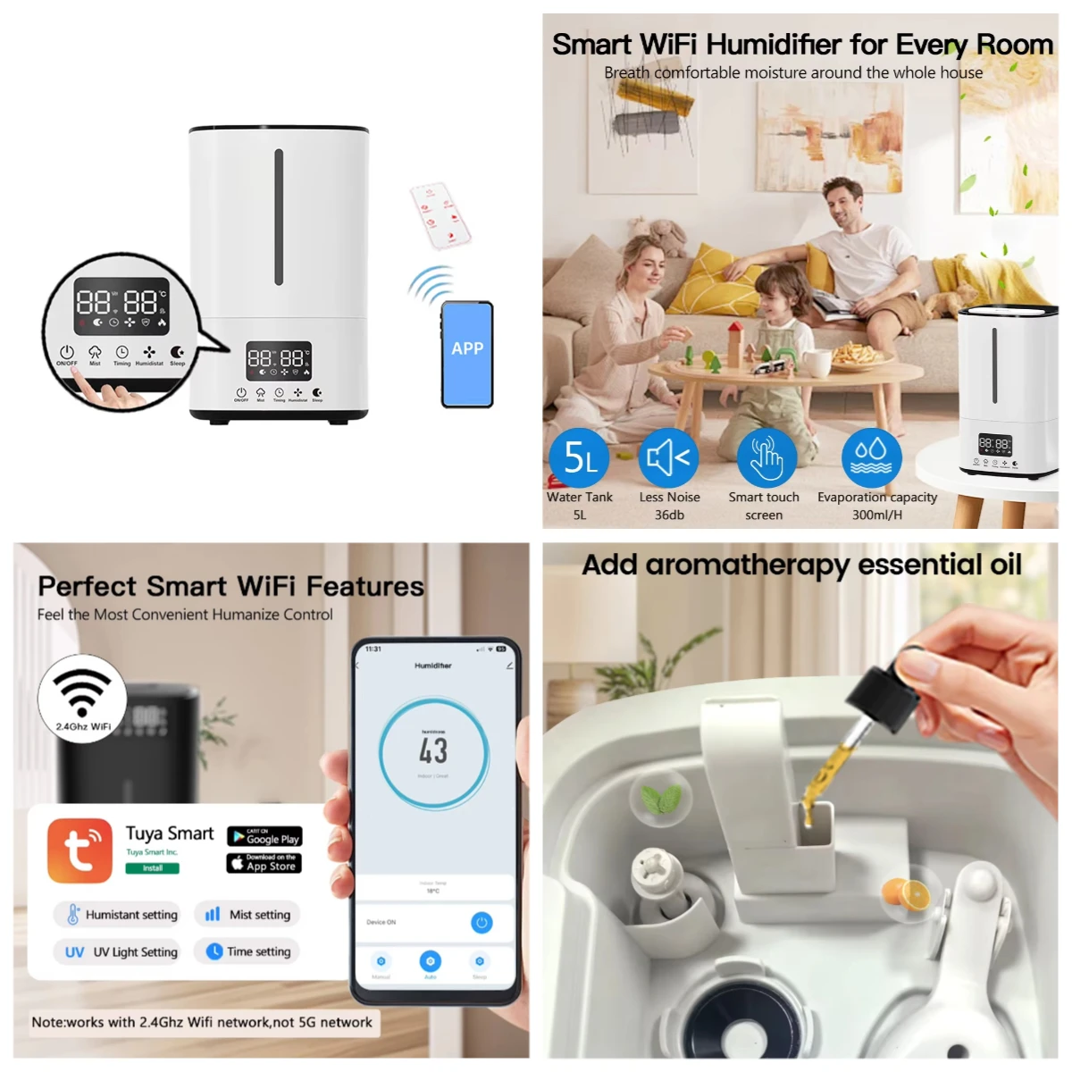 

5L Ultrasonic Air Humidifier, Smart Home Appliance with Large Evaporation Capacity & Night Mode