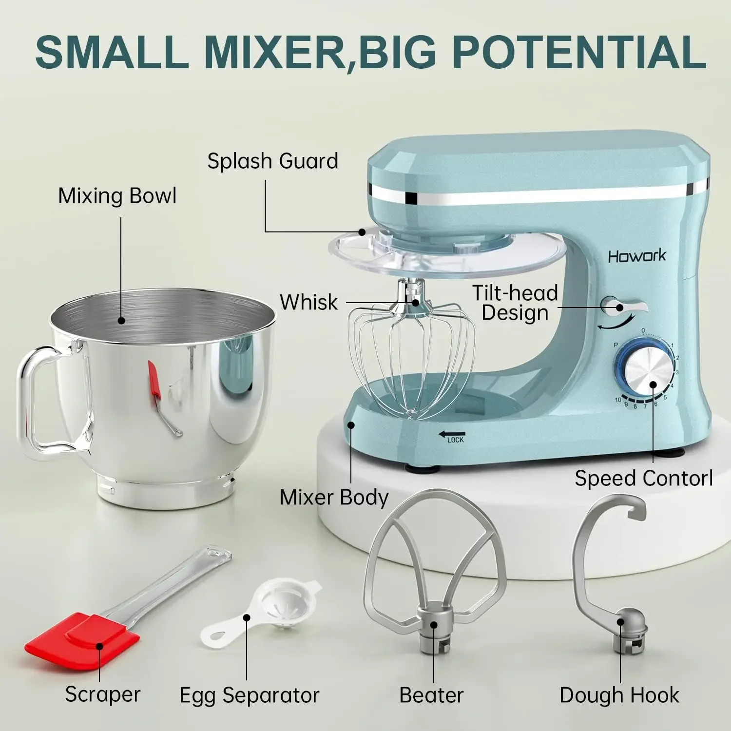 Electric Stand Mixer,10+p Speeds With 6.5QT Stainless Steel Bowl,Dough Hook, Wire Whip & Beater,for Most Home Cooks,Blue