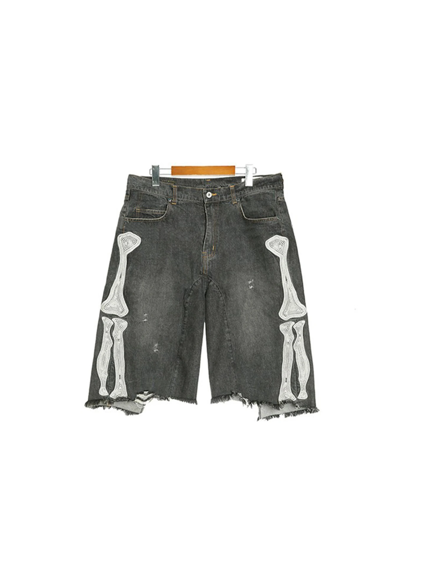 Kapital 21SS Haruaki Hata Jp Style Bone Embroidery Distressed Loose Casual Denim Shorts mid Waist Zipper Fly Straight Leg Jeans