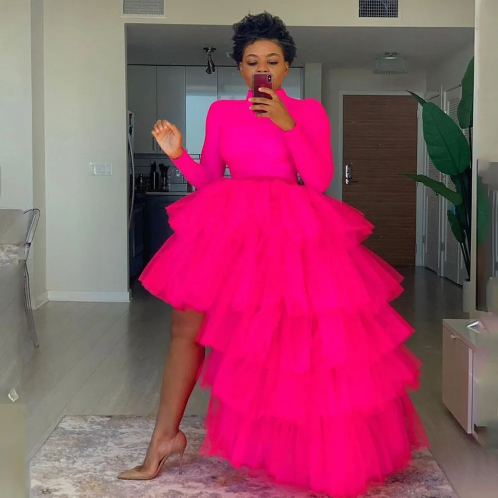 Damska wysoka niska tiulowa spódnica fuksja suknia balowa długa halka ślubna moda warstwowe asymetryczne spódnice Tutu na bal maturalny 2024