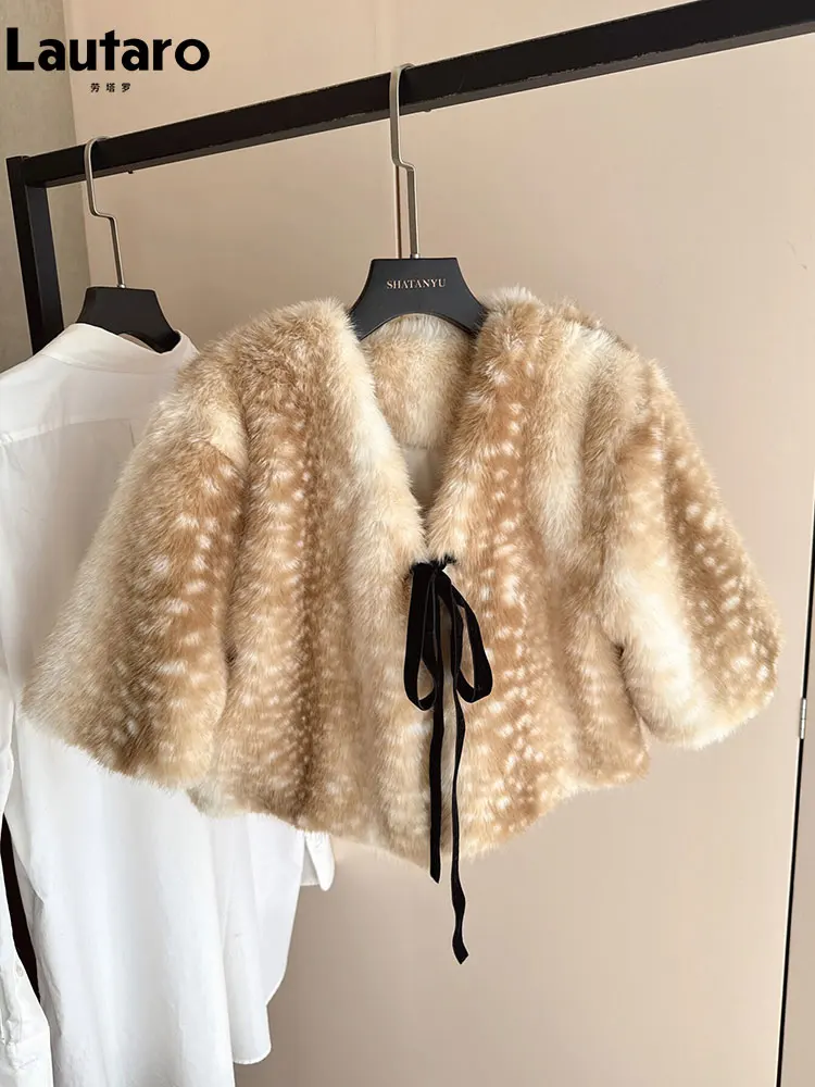 

Lautaro Spring Autumn Short Soft Thick Warm Colorful Faux Fur Coat Women with Deep V Neck Chic Luxury High Quality Fluffy Jacket