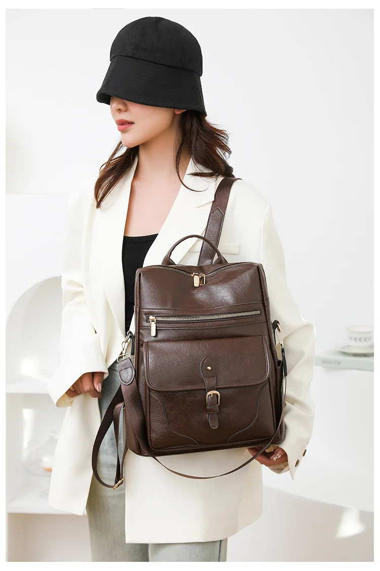 Retro women's backpack, PU soft leather with multiple pockets, large capacity business commuting travel backpack