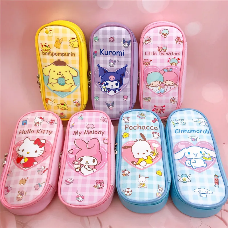 Sanrio Kuromi PU Pencil Bag Hello Kitty Cinnamoroll Pochacco Zipper Cute Stationery Box for School Students Pen Case Card Holder