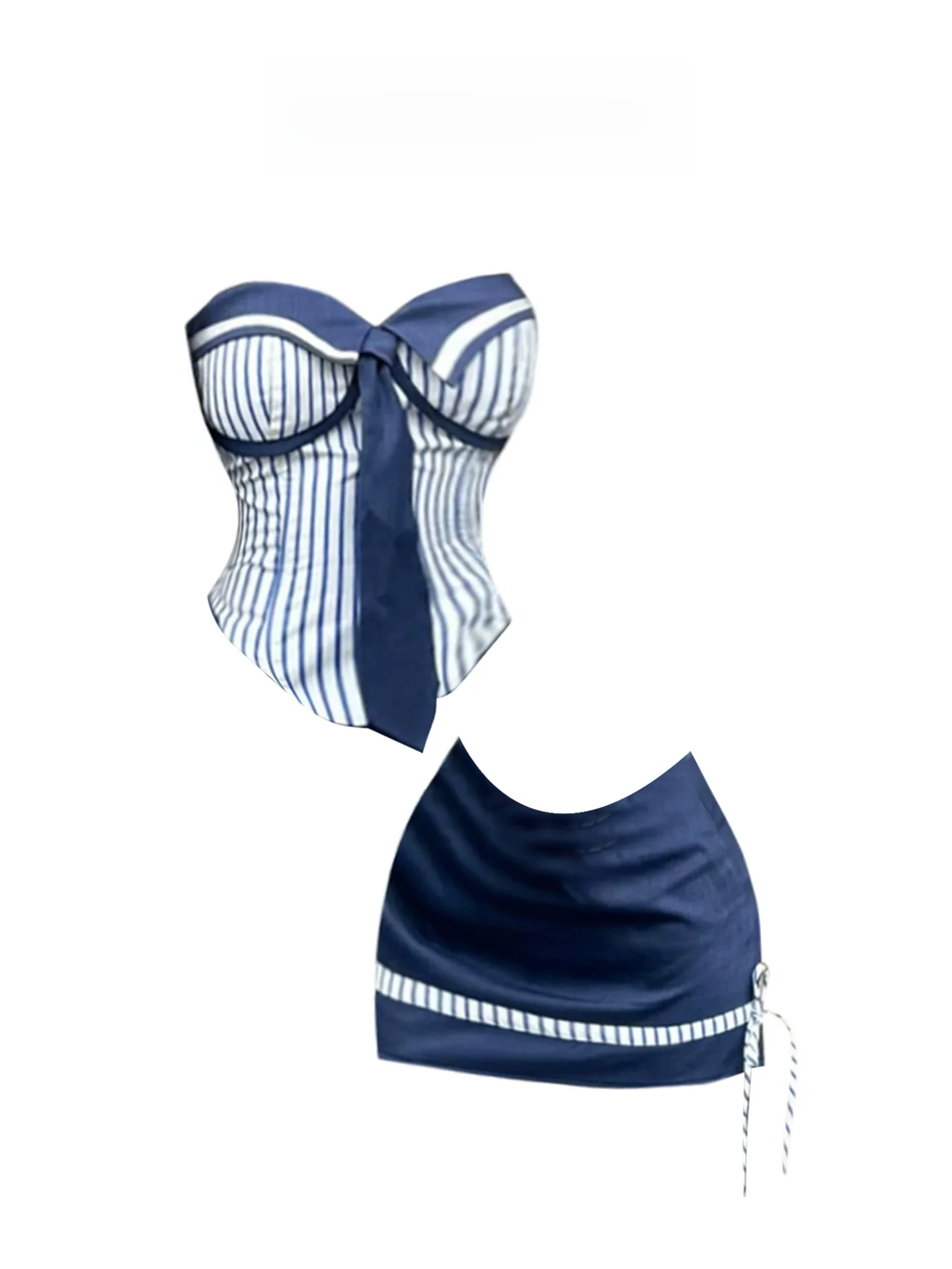 

HEZA Summer Slim Fit Striped Color Blo Sailor Suit Women's ter Ne Skirt Set plus Size Faion Casual Outfit