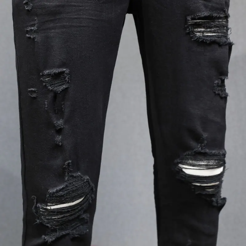 

Y2kFashion New High Quality Men's Black Jeans Painted Perforated White Patched Jeans High Street Fashion Hip Hop Brand Spl