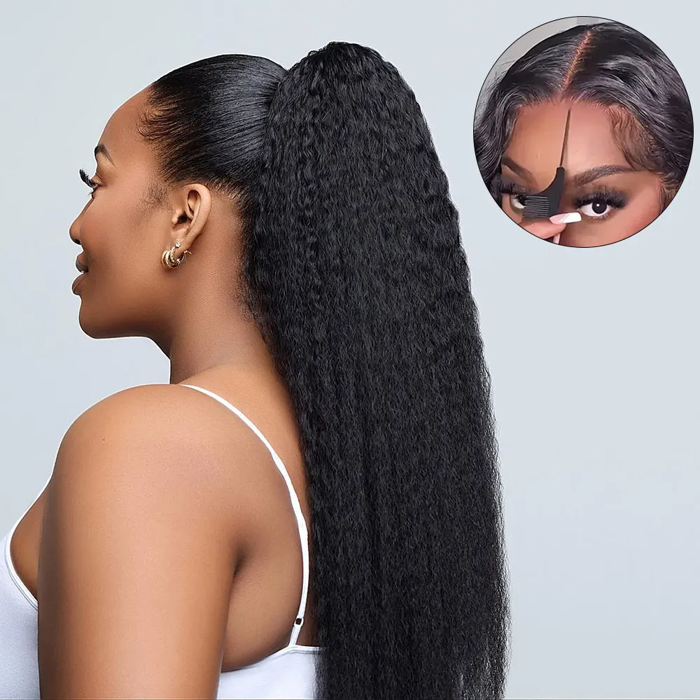 

5x5 Kinky Straight Lace Front Glueless Wigs for Women Put On And Go Pre Plucked Transparent Lace 200Density Natural Black Color