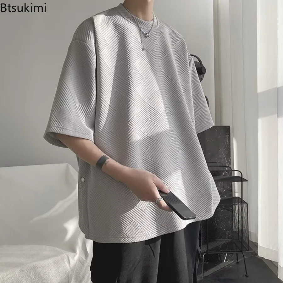 

2025 Loose Short Sleeve T-Shirt Men's Design Sensation Slit Button Up Top Summer New Style Casual Crew Neck Half Sleeve Shirts