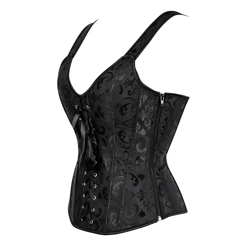 Plus Size Floral Jacquard Corset Zipper Top Gothic Steampunk Corset Bustier Women Corsets with Straps Black Corset