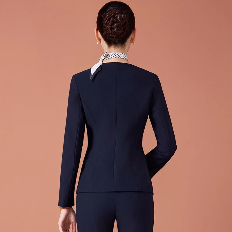 ชุดสูทสีน้ำเงินกรมท่าสำหรับผู้หญิง NAVIU แฟชั่นใหม่ สไตล์ธุรกิจ คอวี แขนยาว ทรงเข้ารูป พร้อมกางเกง ชุดทำงานสำหรับสุภาพสตรี