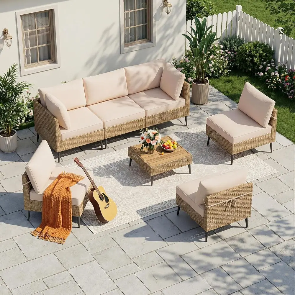 

7-Piece Sectional Patio Furniture Set with Rattan and Composite Wood Coffee Table, Weather-Resistant Cushions (Khaki)