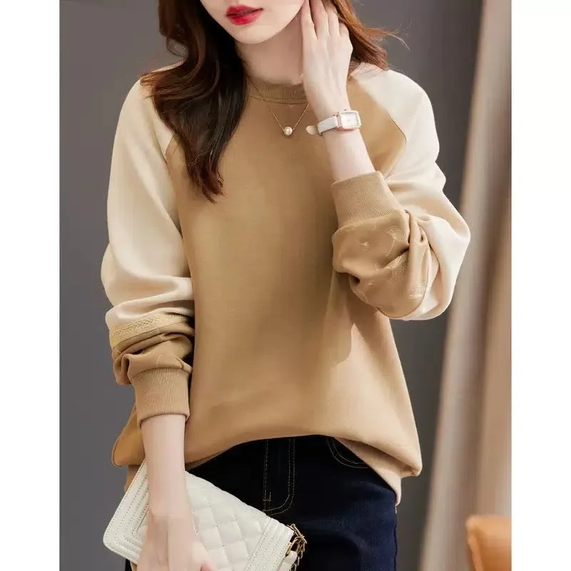 2023 Autumn and Winter Women\'s Fashion Color Block Sweater Embroidered Round Neck Plush Long Sleeve Comfortable Versatile Top