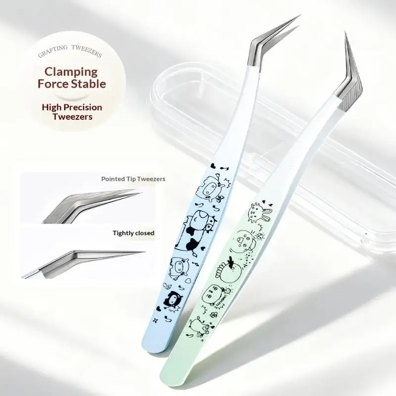Pincettes à faux cils imprimées de dessin animé, en acier inoxydable, incurvées, professionnelles, Extension de cils 3D, outils de maquillage