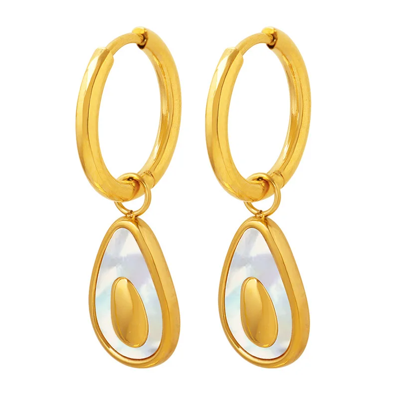 

18K Gold Plated Stainless Steel Natural Shell Avocado Pendant Dorp Dangle Hoop Earring For Women Waterproof Charms Jewelry Gift