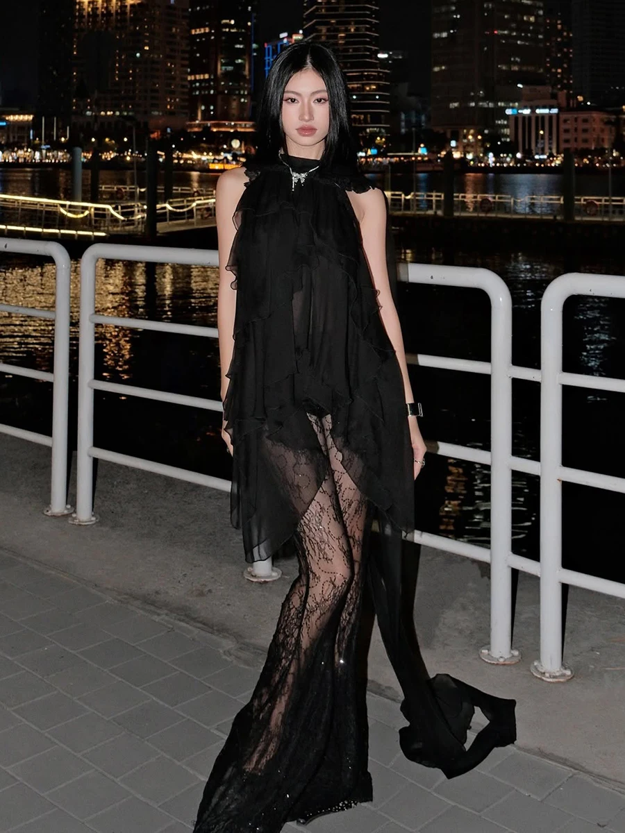 Conjunto de calças compridas femininas, rede sexy selvagem, translúcido, micro exposição, roupa de verão para jovens adultos