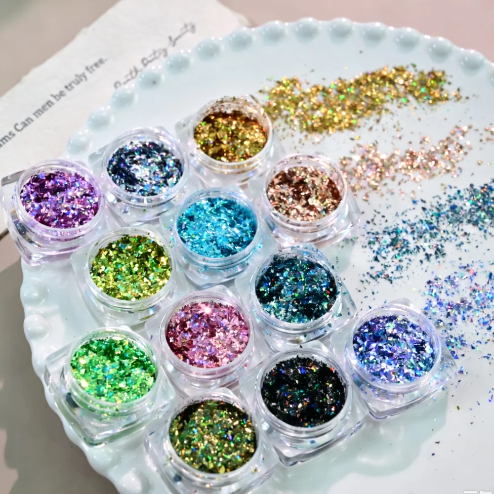 12PCS Iridescent Chunky Nail Glitter Flakes Holographic Mixed Color Broken Foil Nail Sequins DIY Manicure Makeup Nail Art Decors