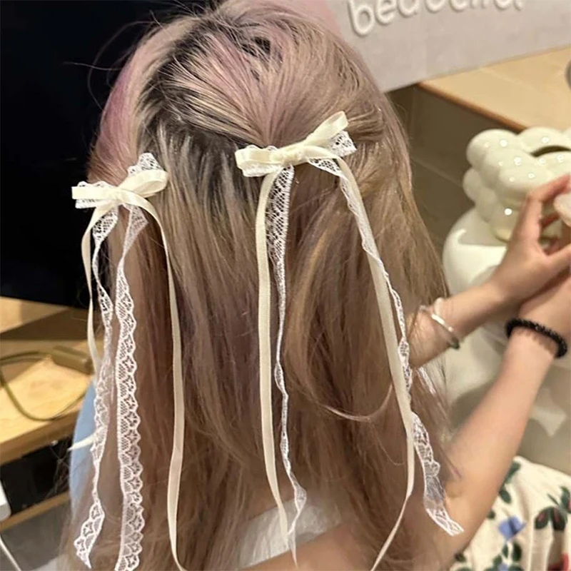 Francês Lolita Lace Ribbon Tassel Hairpins, Bowknot Hair Clip para Mulheres, Doce Longo Cabelo Clip, Girl Party Barrettes, Headwear Acessórios