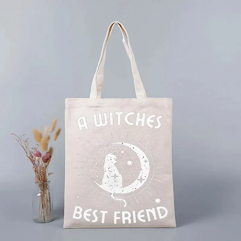 Witchy Cat Canvas Tote Bags Moon Star Pattern "A WITCHES BEST FRIEND" Print Reusable Shopping Bags for Halloween and Daily Use view 6