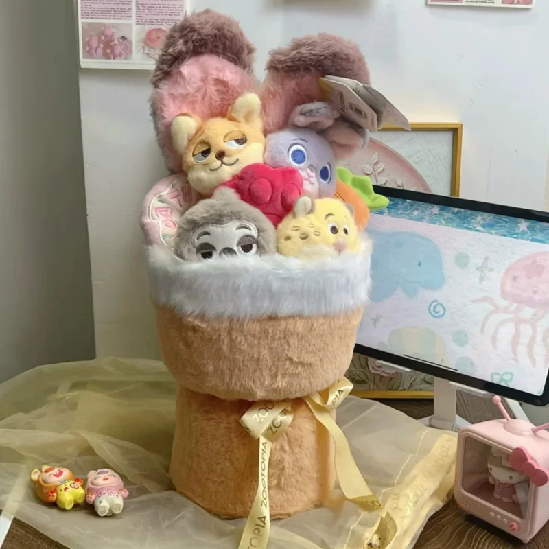 Disney zootopia nick & judy boneca de pelúcia série pequena reunião momentos anime figura com buquê de flores presente do dia dos namorados