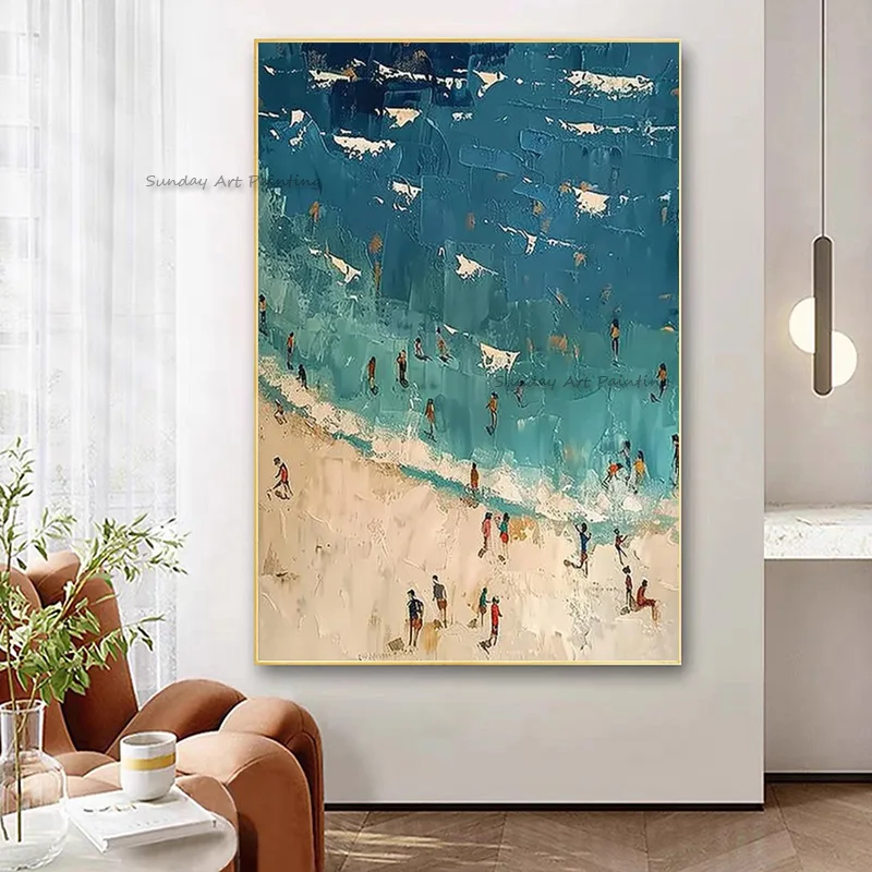 Hand Drawn Blue White Seascape Brown Beaches Oil Painting On Canvas New Original People Play By The Sea Wall Art For Home Decor