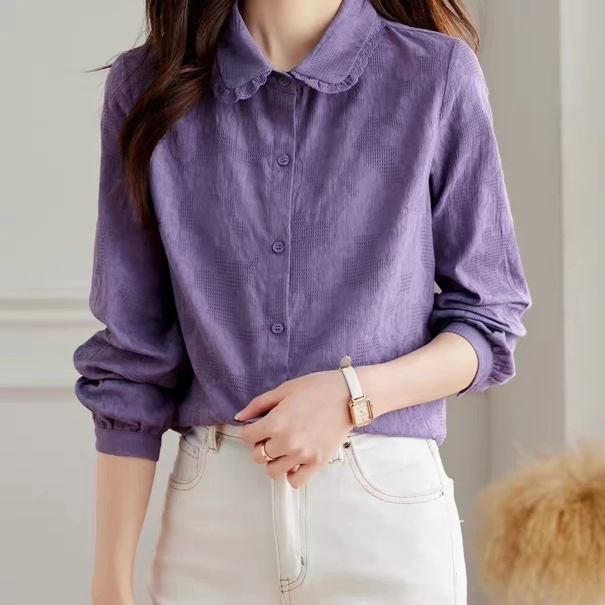 Korean Style Ruffle Collar Loose Long Sleeve Women's Shirt Spring Autumn New Style Purple Button Cardigan Anti-Aging Premium ...