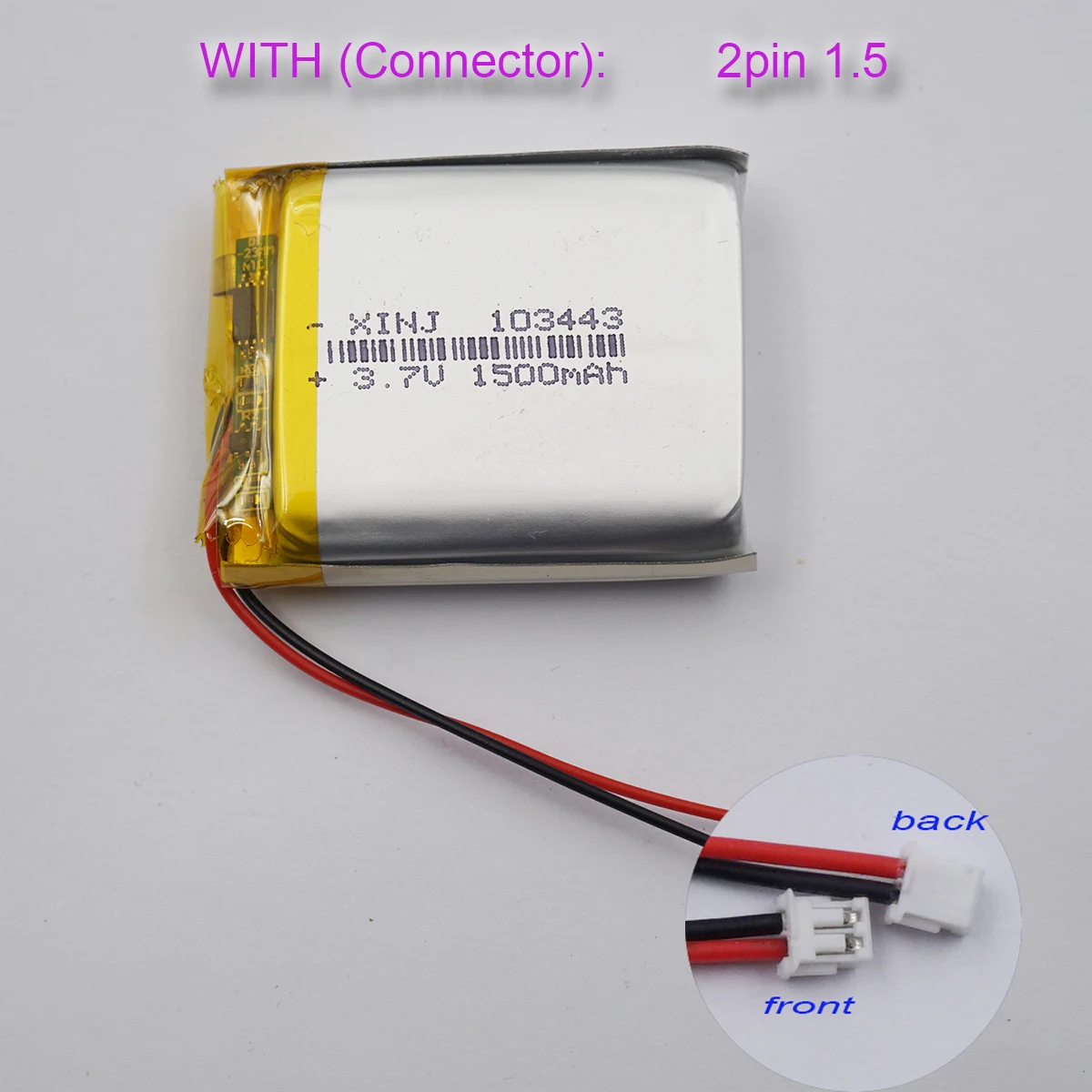 リチウムポリマー電池103443,JST, 2ピン,1.5mm, 3.7v,1500mah,5.55wh,ダッシュボードカメラ,GPS, LED,タブレット,PC