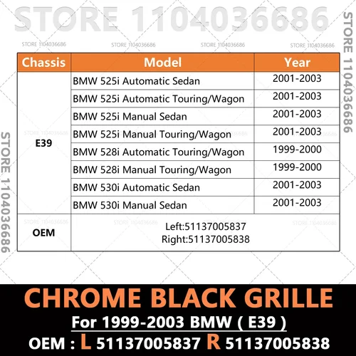 Imagen 2 del producto Para 1999 2000 2001 2002 2003 BMW 525i 528i 530i 540i M5 E39 cromo negro rejilla delantera accesorios de coche