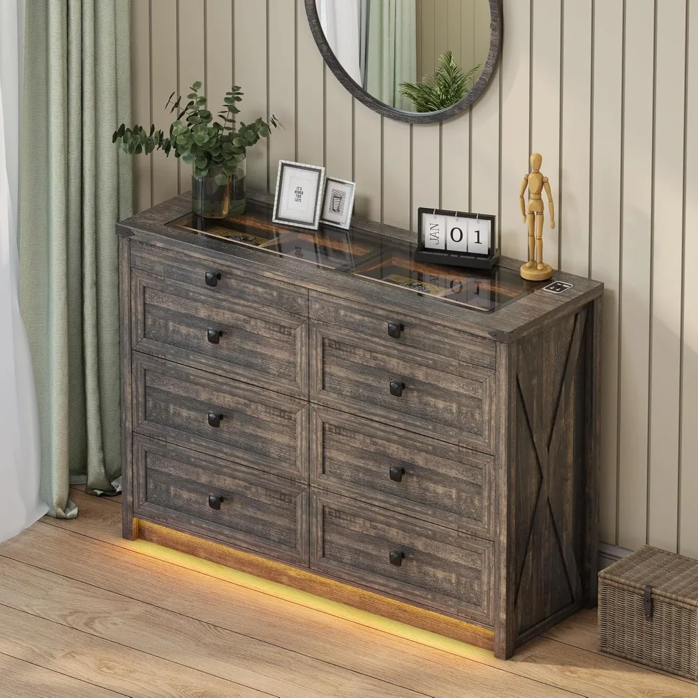 8 Drawers Dresser with LED Light & Charging Station, Dressers Organizer with Human Sensor,for Closet, Living Room, Wood Dresser