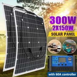 300W Solar Panel Kit 18V Flexible Solar Cell with 30A-100A Controller Power Bank for Outdoor Phone Ipad Camping RV Car Boat