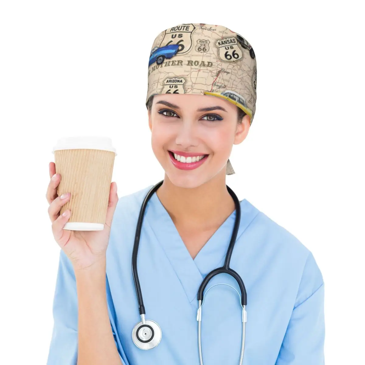 مخصص الطريق 66 العضلات سيارة خريطة الدعك قبعة القبعات الجراحية الرجال النساء غرفة العمليات قبعة قبعة التمريض مختبر يعمل قبعة