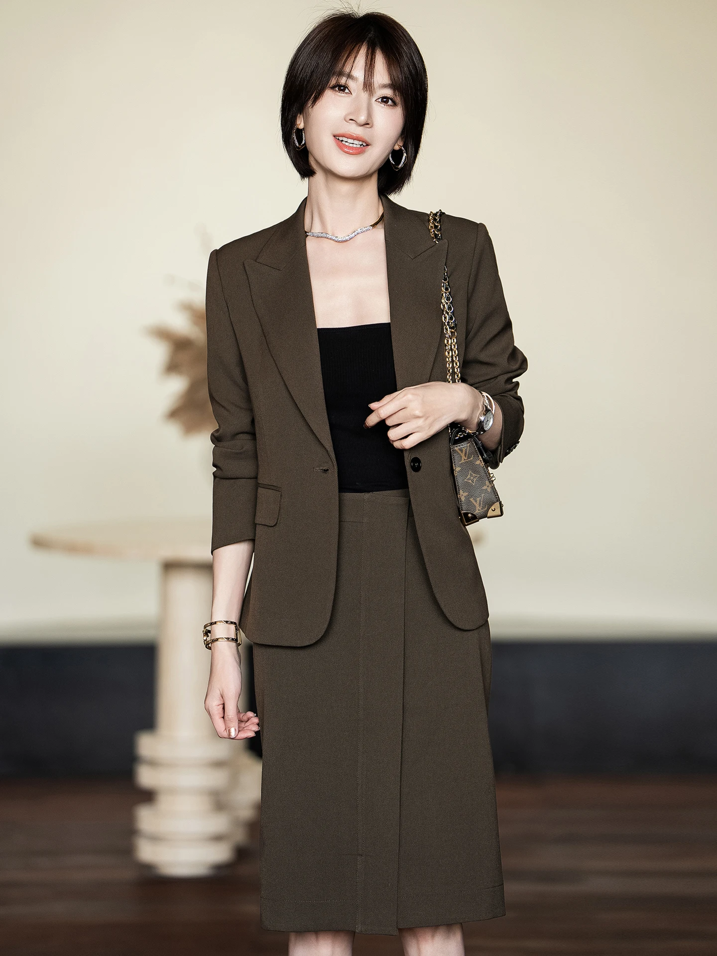 

Ele Busin Women's Suit Skirt Set High Waist Long Sve V-Ne Spring Faion Two-Piece Ensemble Profional Commute ...