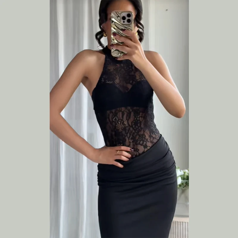 レースパッチワークホルタードレス レディース ノースリーブ セミシースルー ロングスカート シック スリム パーティードレス 2025年新作 エレガント レディースドレス