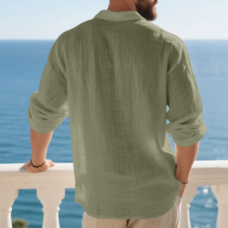Leinen-Hemd mit Stehkragen und Knopfleiste, Herren Locker Sitzendes Atmungsaktives V-Ausschnitt Langarm-Polohemd – Detail 33