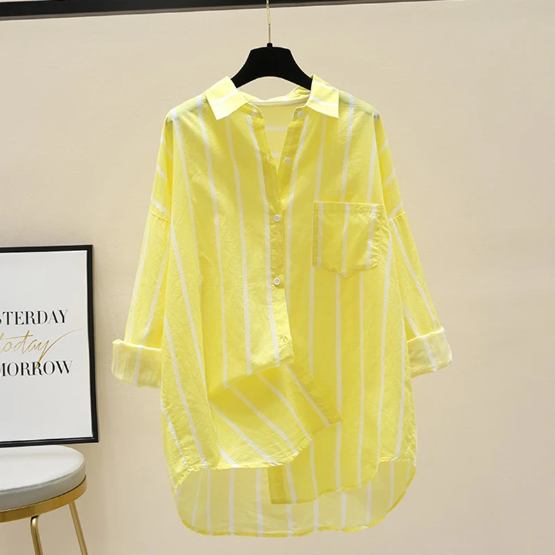 Women\'s 2024 New Summer Shirts Vertical Striped Sunscreen Shirt Spring Loose Casual Yellow Green MidLlength Shirt Top Female