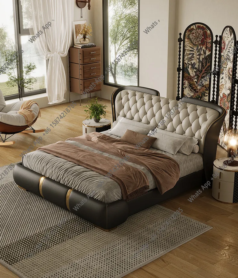 

French American retro style light luxury first-layer cowhide leather bed master bedroom pull buckle big rely on bag bed marriage