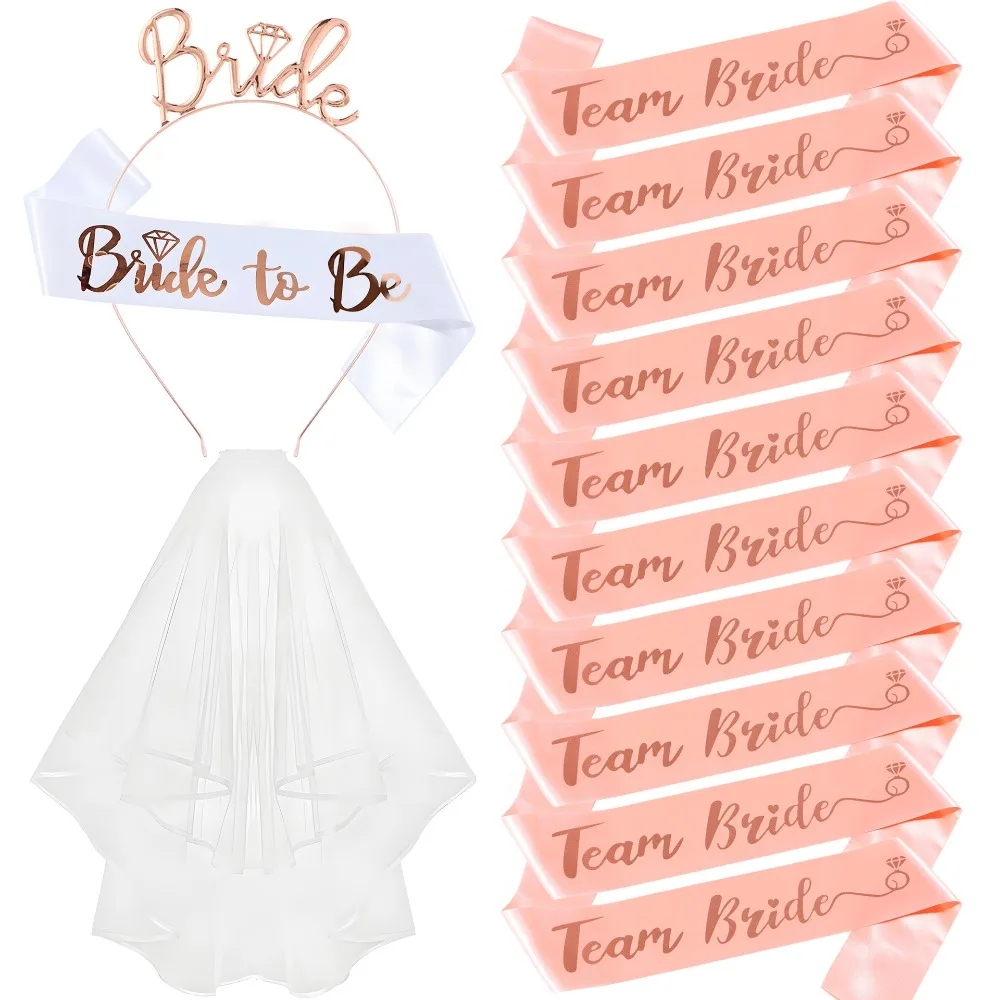 Ensemble de 13 pièces pour enterrement de vie de jeune fille : Écharpe en satin, bandeau et voile pour future mariée et équipe de la mariée, pour la fête prénuptiale et les décorations de mariage