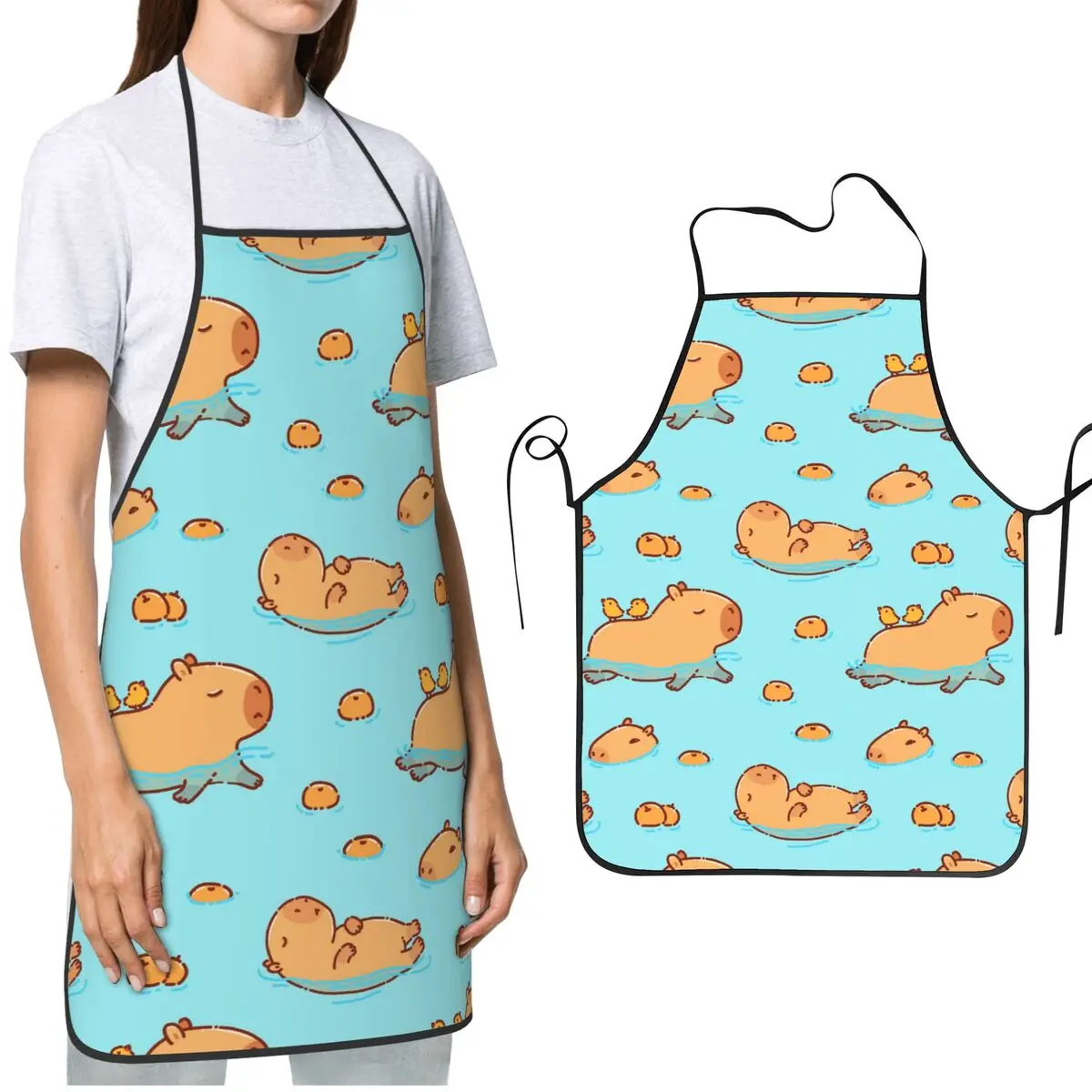 Cute Capybara Swimming Kitchen Cooking Aprons Water & Oil Resistant Tie Kawaii Capy Animal BBQ Aprons for Men Women Chef Gifts