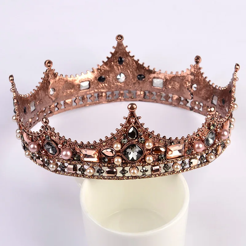 Golden Arabeske Round Crown King Crown Bridal Tiaras Wedding Crown Retro Baroque Crystal Pearl Round Headwear