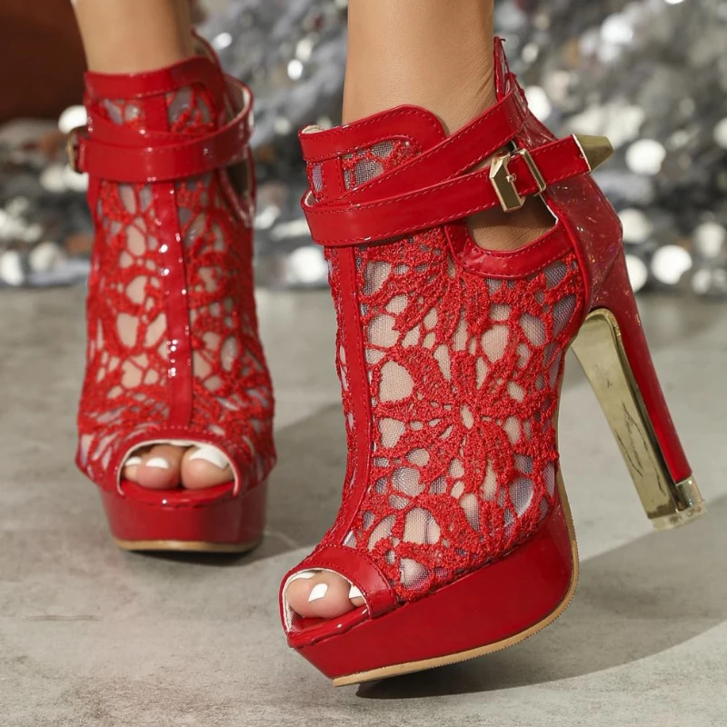 

Sexy Mesh Embroidery Platform High Heels Boots Sandals Women Fashion Buckle Design Peep Toe Nightclub Party Stiletto Female Shoe