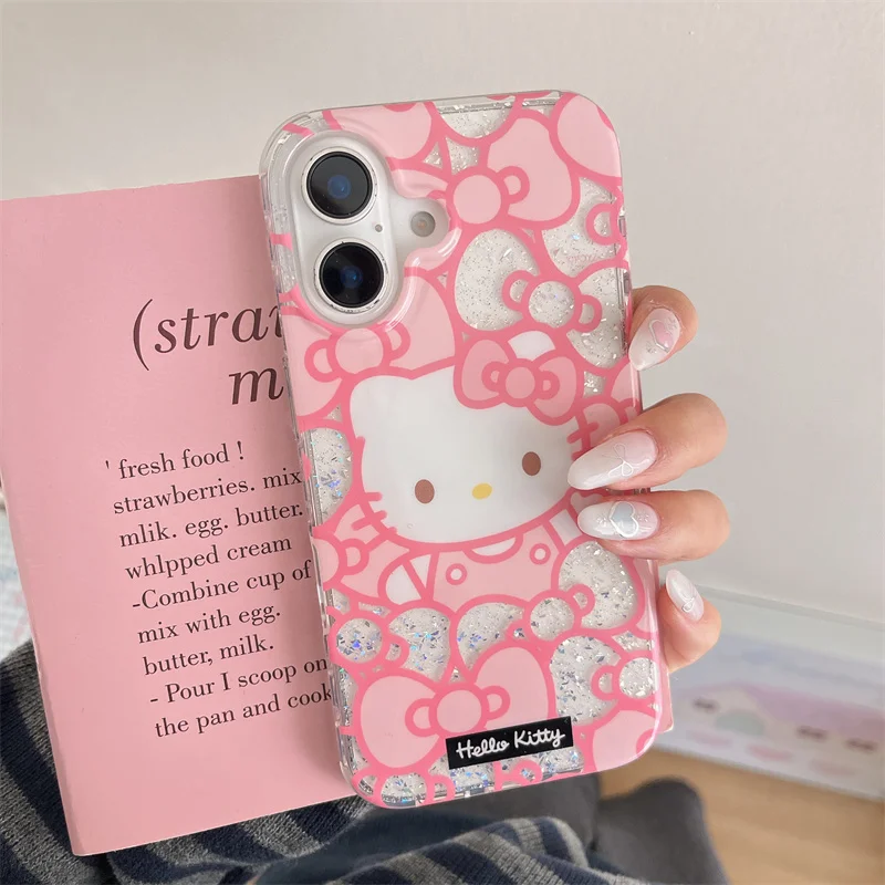 

Luxury Cute Bow Hello Kitty Cat Bling Glitter Phone Case For iPhone 13 14 15 16Pro Max Pink KT Glitter Protect Cover Wrist Strap