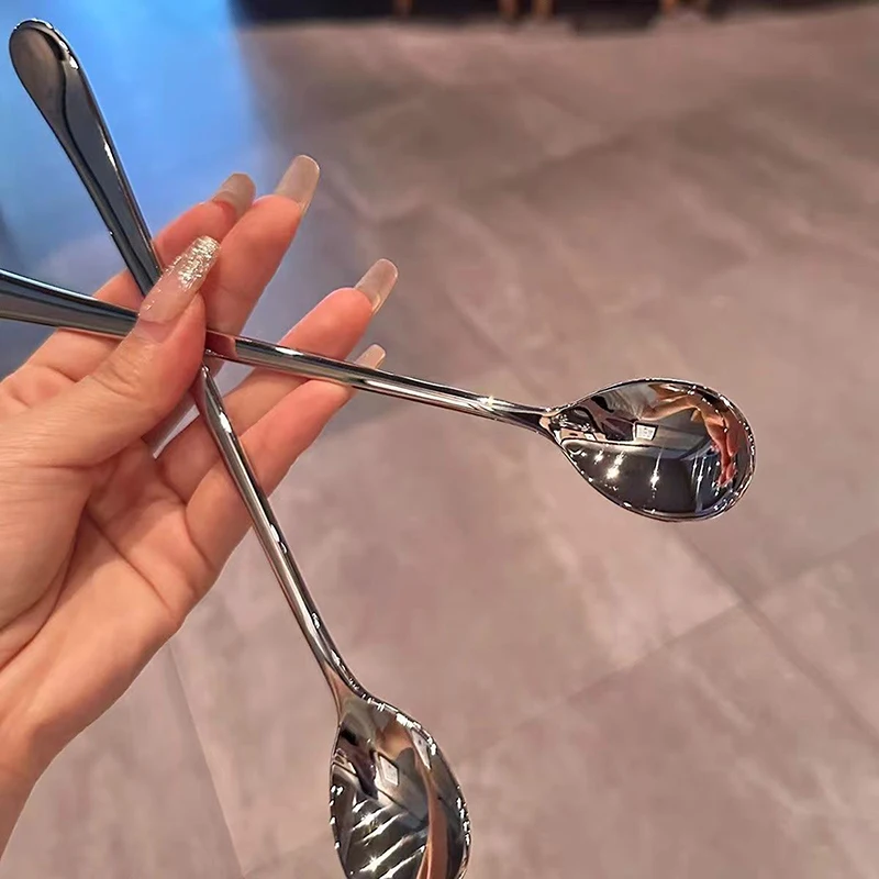 Stainless Steel Round Spoon Net Red Golden Dinner Long Handle Stirring Dessert Spoons For Kitchen Accessories Gadgets