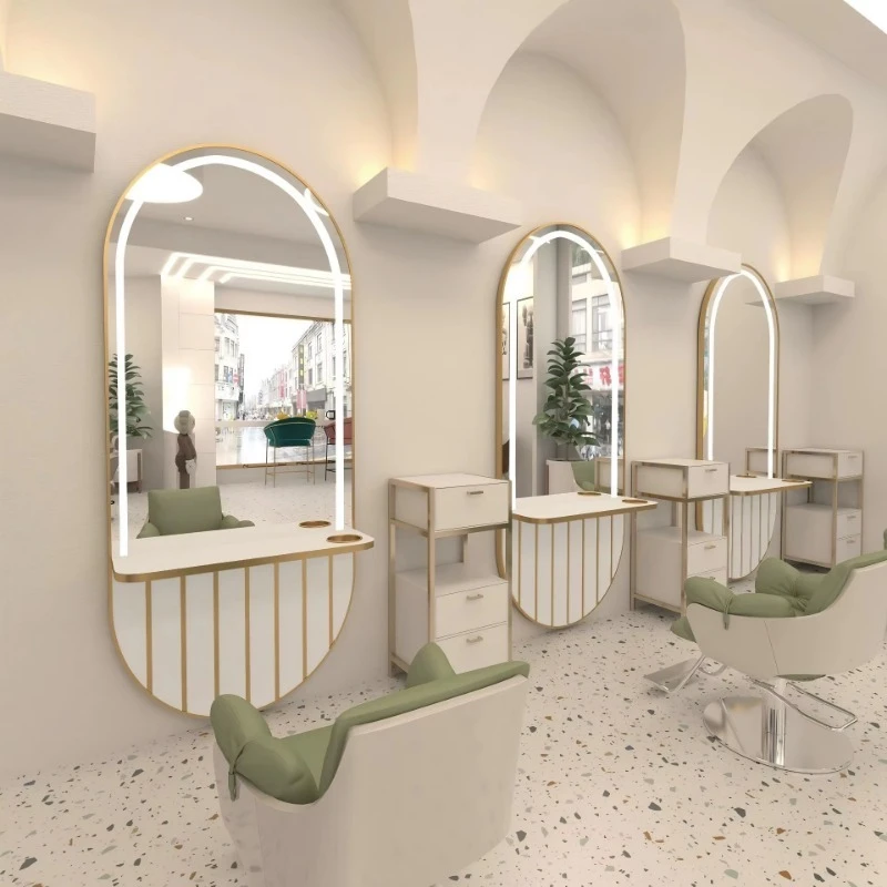 Classic minimalist metal arched barber salon mirror table can be wall mounted